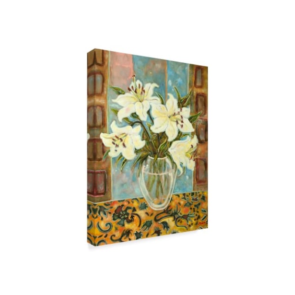 Lorraine Platt 'Lilies On Gold Swirl Cloth' Canvas Art,35x47